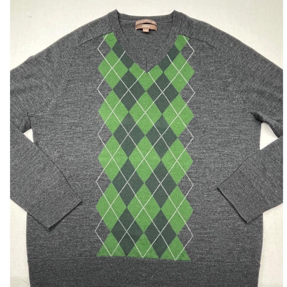 Merona Italian Merino Wool Argyle V-Neck Sweater Grey Green Mens Large